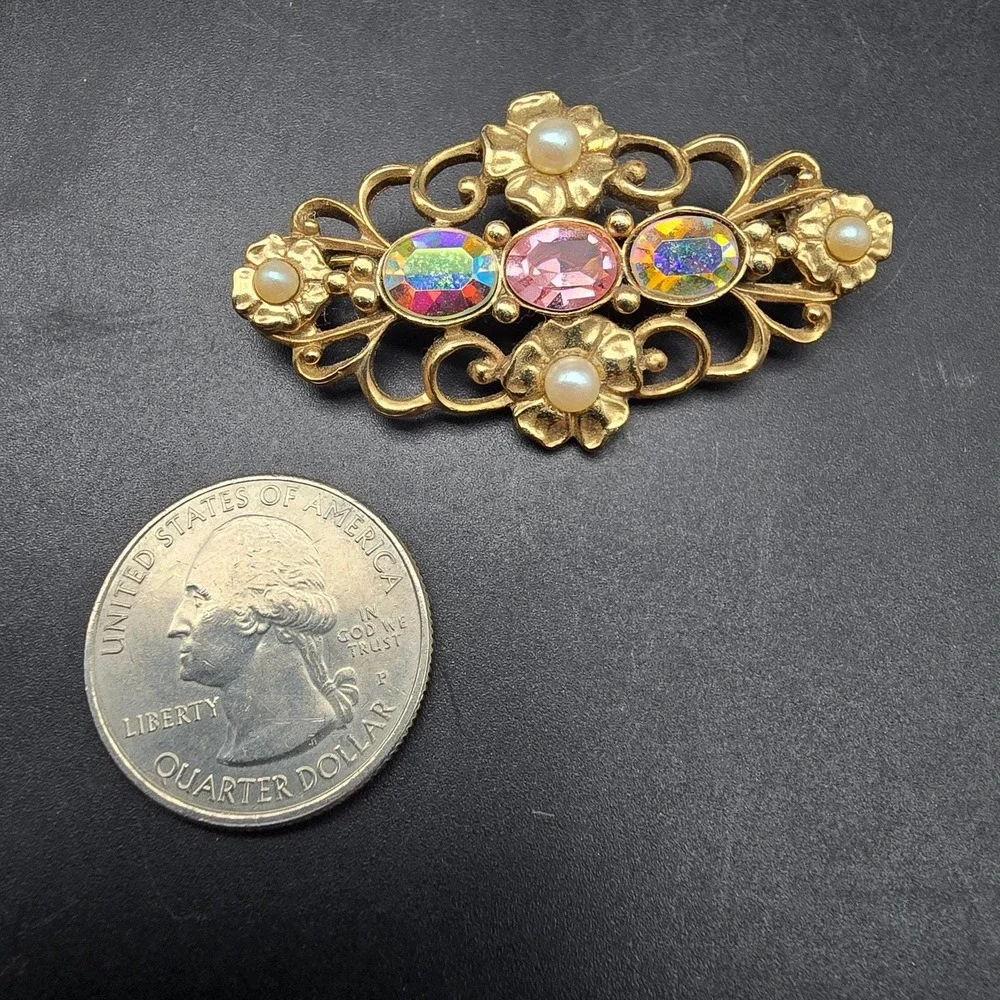 1928 Brand Brooch Gold Tone Filigree Rhinestone Faux Pearl